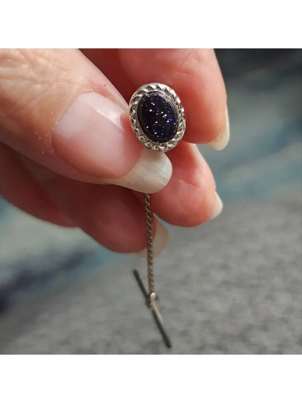 Vintage Silvertone Blue Goldstone Tie Tac with Chain